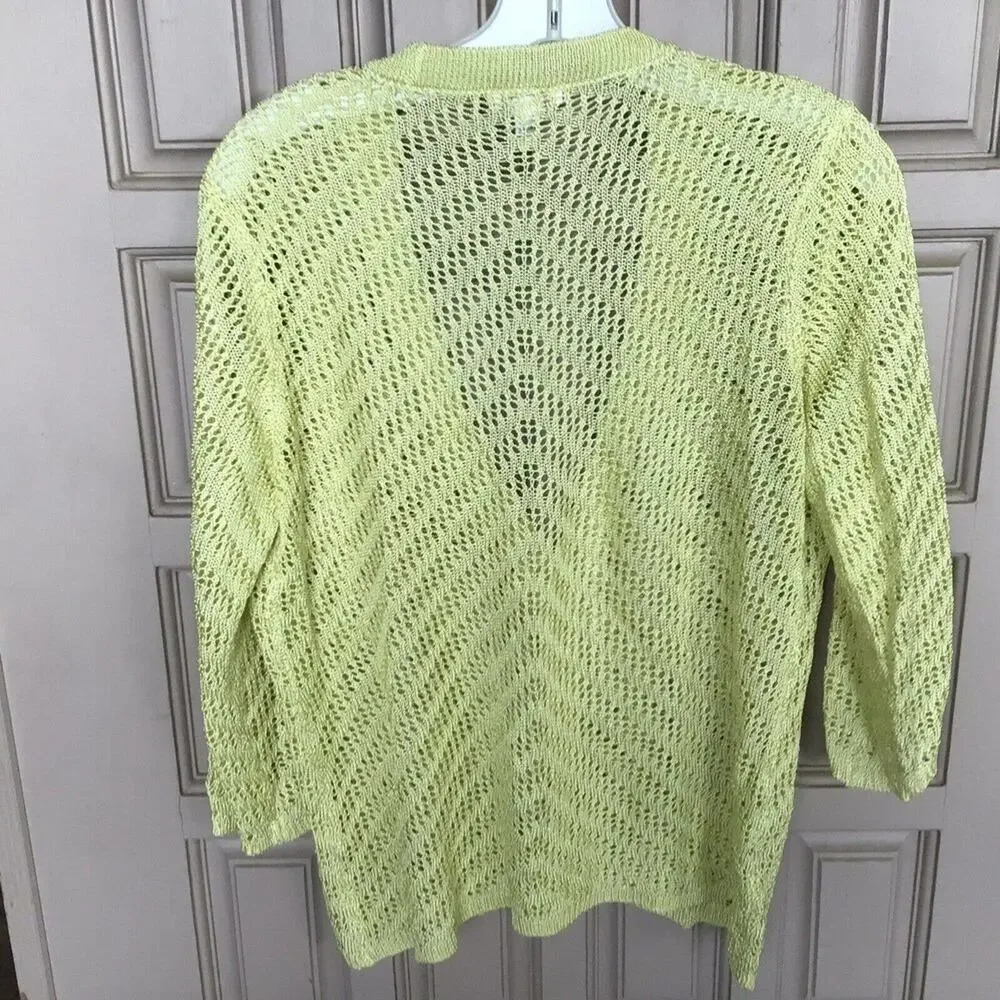 Chico's Sweater Sz1 Cardigan Yellow Open Knit V Neck Buttons 3/4 Sleeve Used